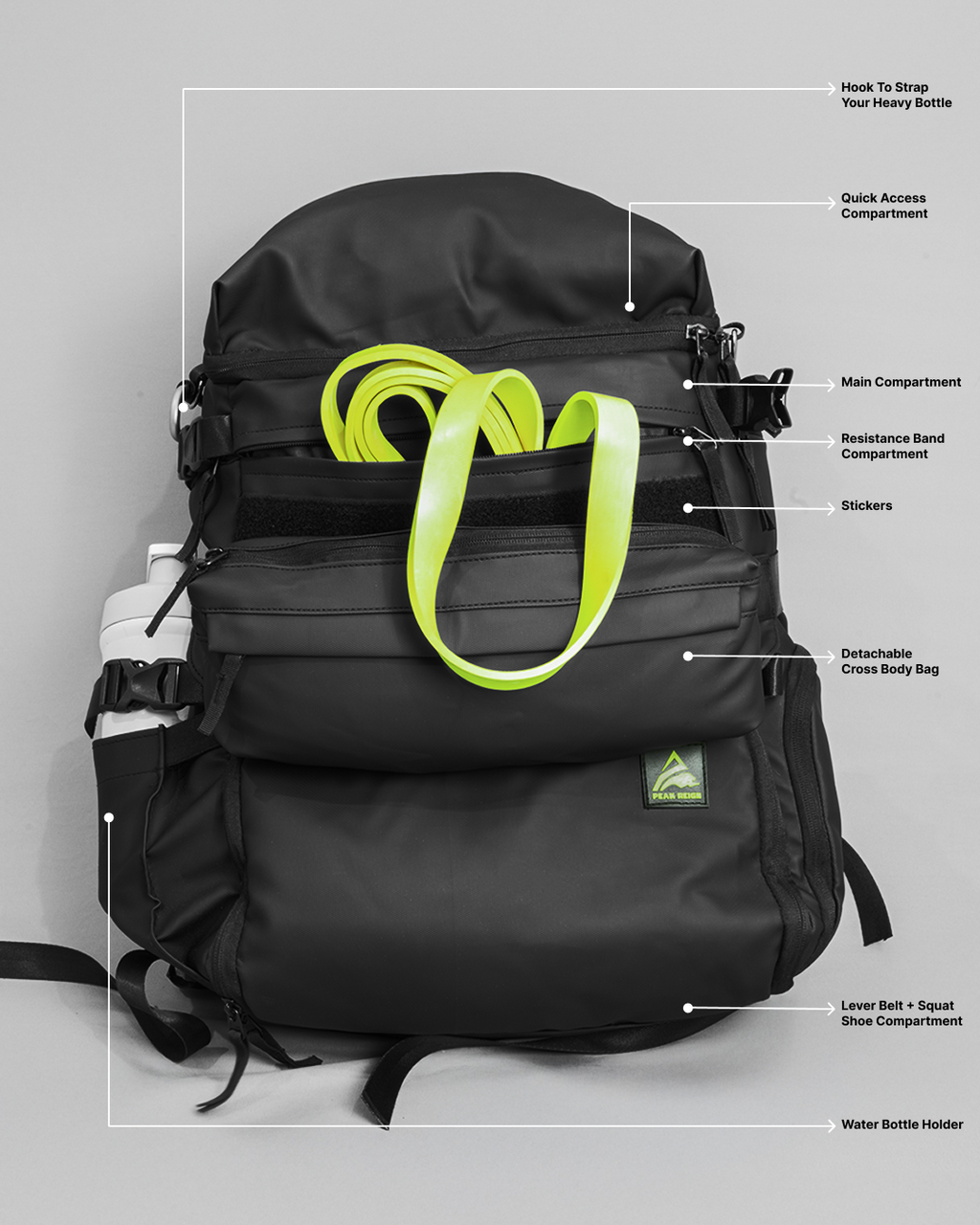 Peak Reign Heavy Bag — compartment layout, front