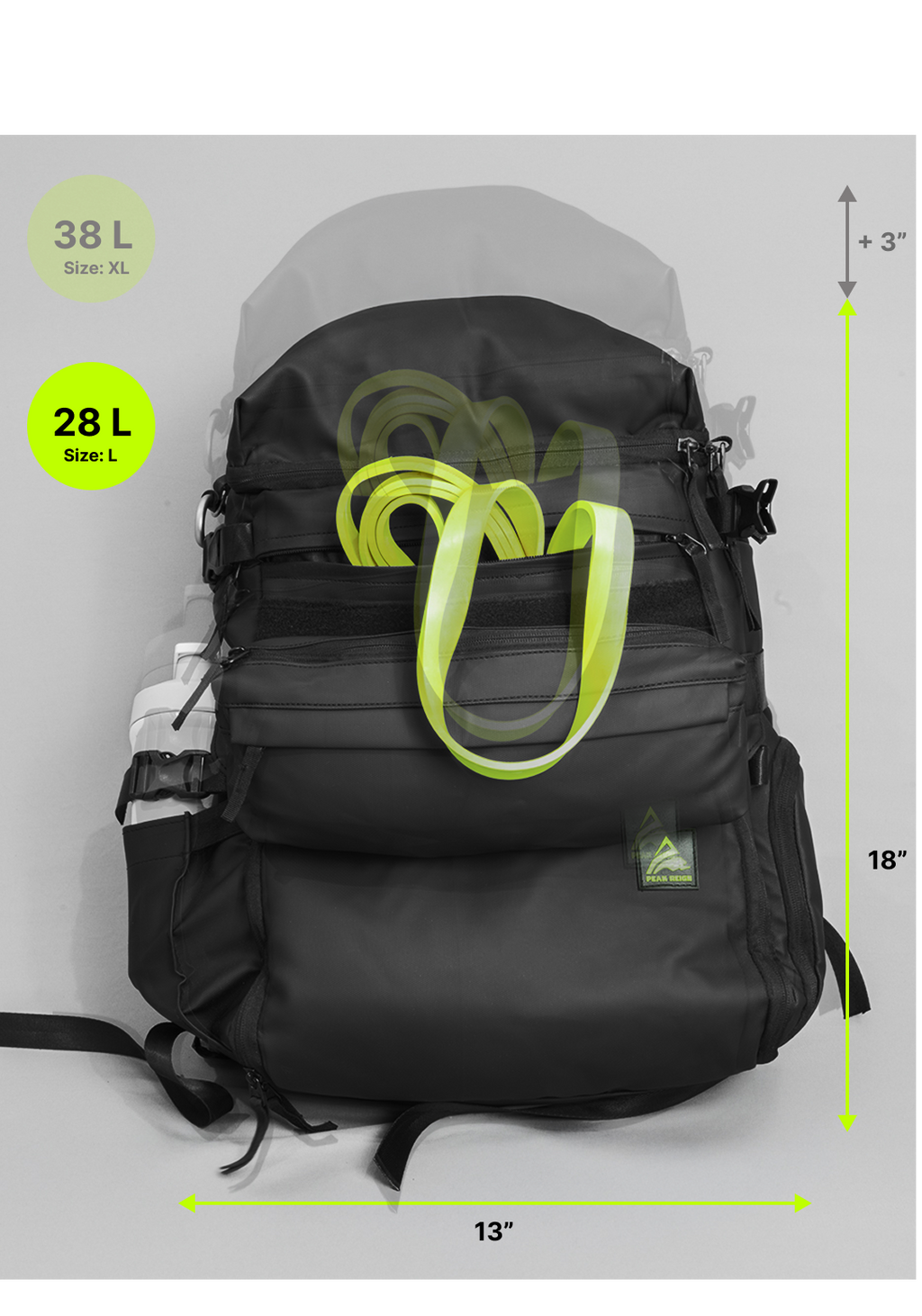 Peak Reign Heavy Bag — L vs XL size comparison, front
